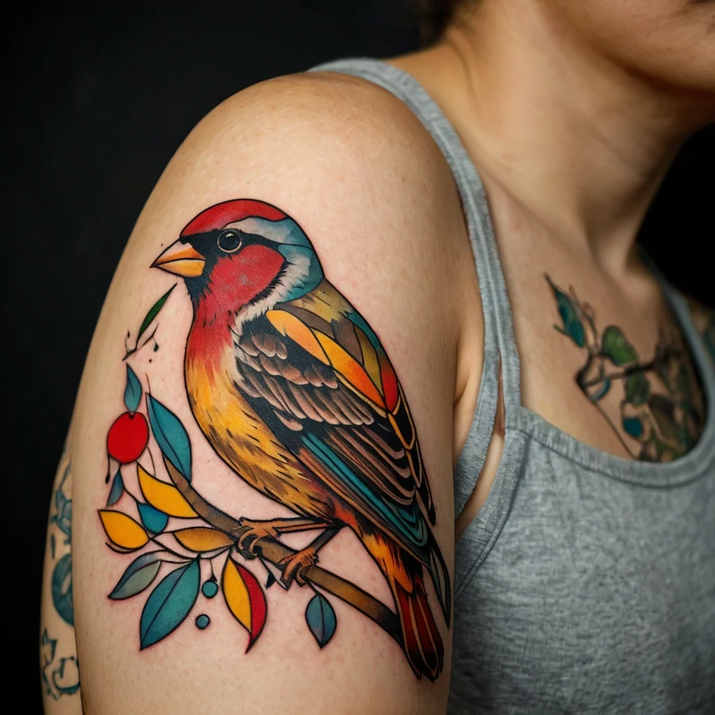 A vibrant tattoo of a colorful bird perched on a branch with multicolored leaves and a red berry, on the upper arm.