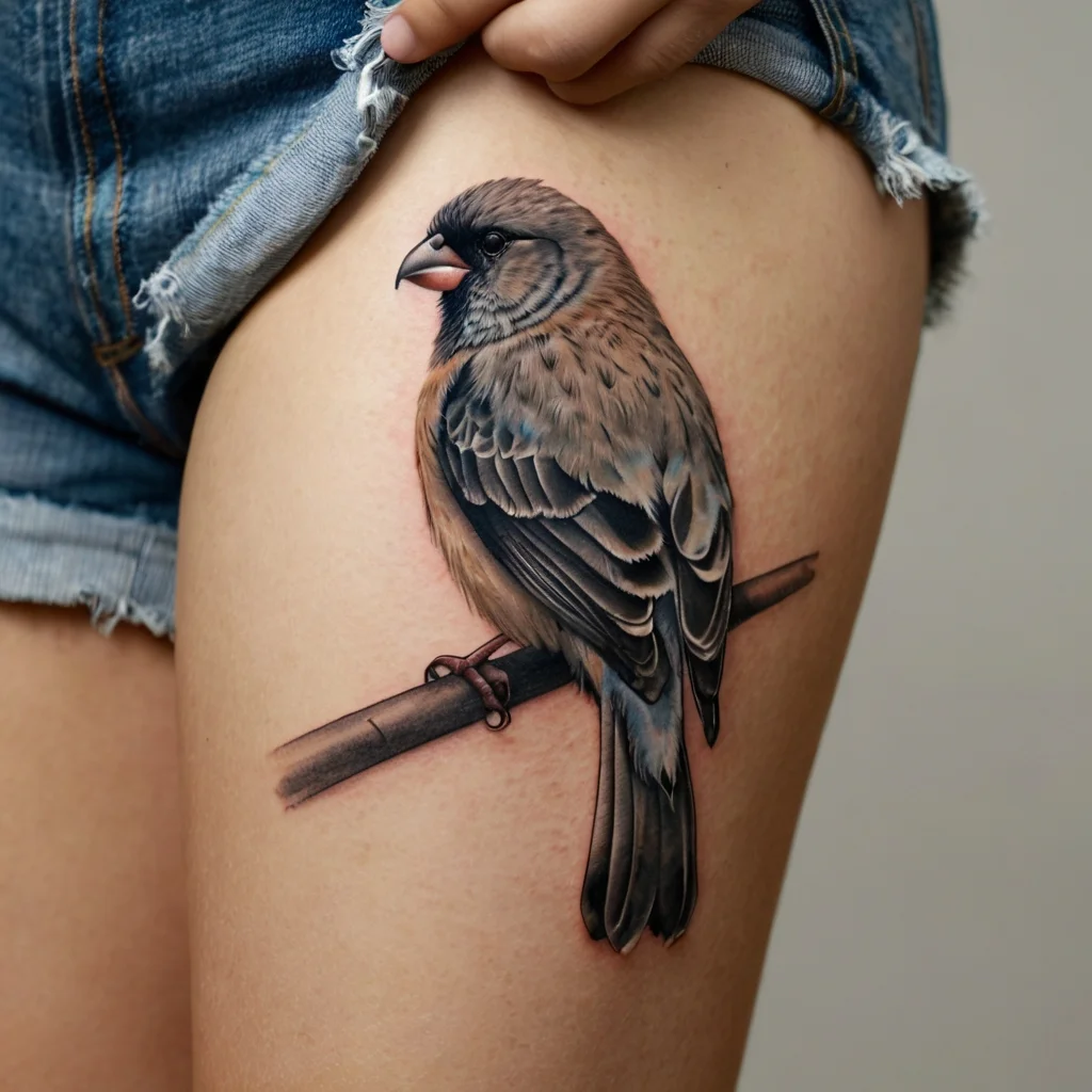 Realistic bird tattoo on thigh, detailed feathers and vivid colors, perched on a branch with subtle shading.