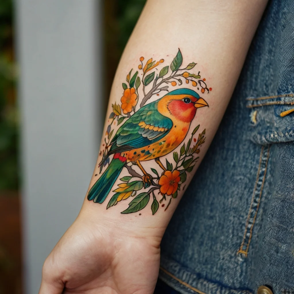 Colorful bird tattoo perched among vibrant orange flowers and green leaves on forearm, showcasing detailed artistry.