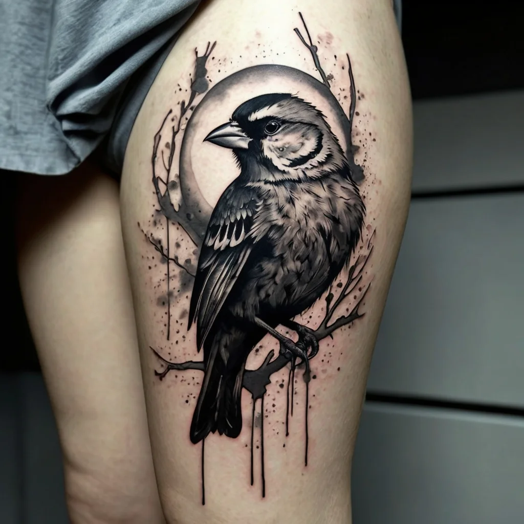 Realistic bird tattoo with watercolor effect, featuring a perched bird on a branch, surrounded by an abstract circular splash.