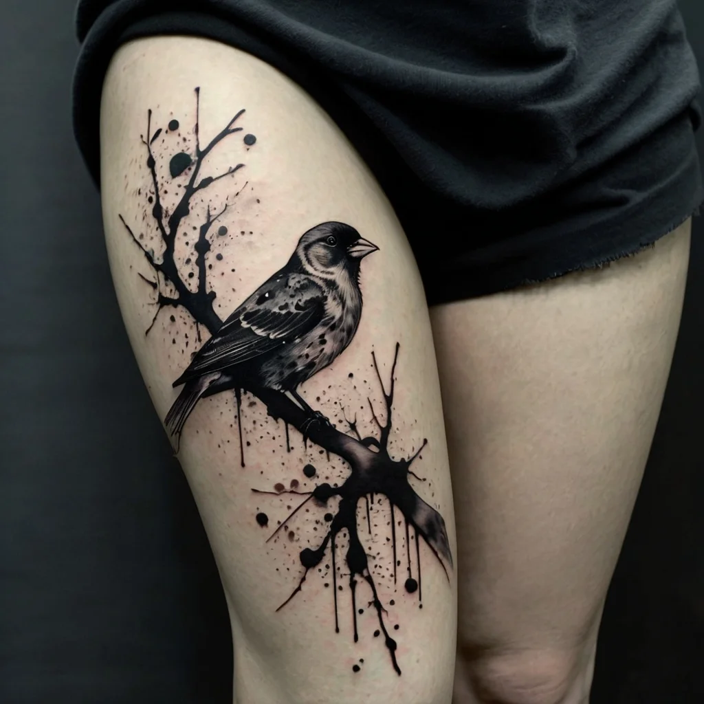 Tattoo of a sparrow on a branch with black watercolor splashes. Realistic details and dynamic ink splatter effect.