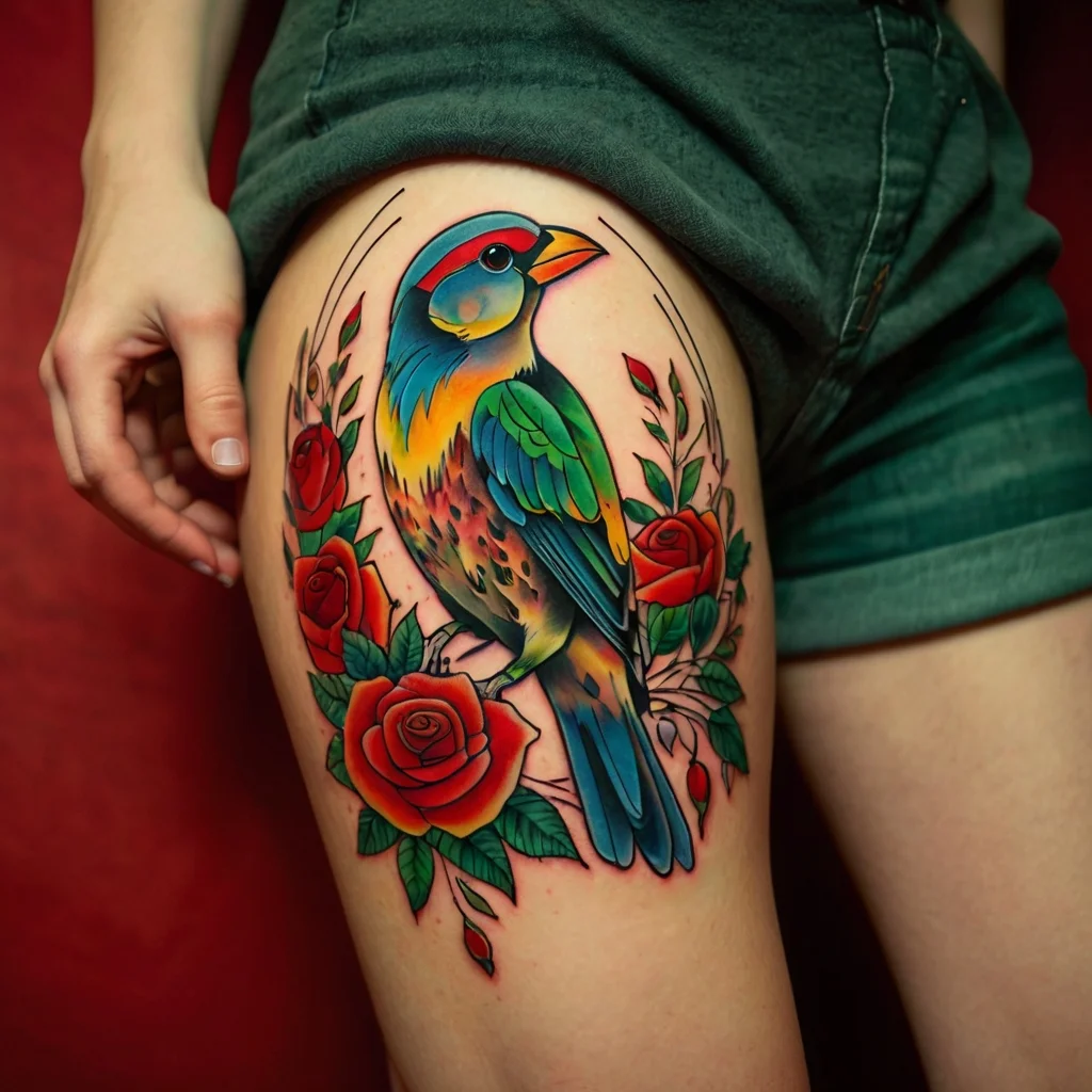 Vibrant tattoo of a colorful bird perched among red roses and green leaves, detailed with bold lines and dynamic shading.