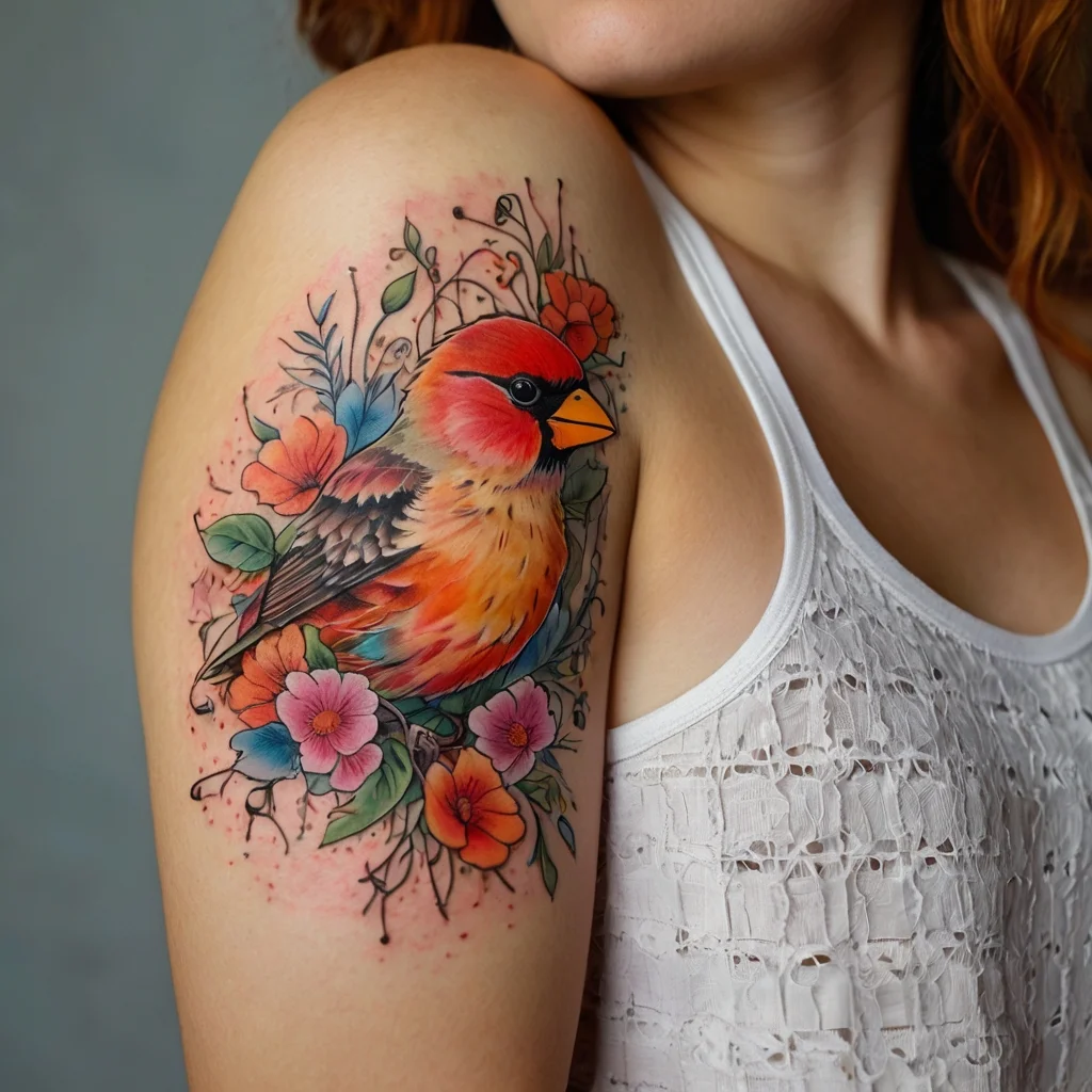 Colorful bird tattoo on upper arm with flowers and leaves, featuring vibrant reds, oranges, and blues for a lively effect.