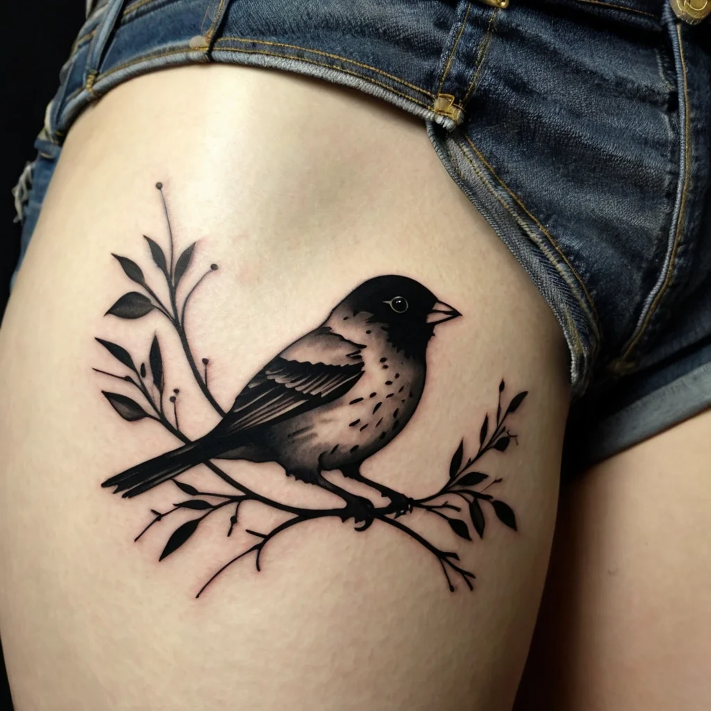 Black and gray tattoo of a sparrow perched on a branch, detailed shading and leaves, located on the upper thigh.