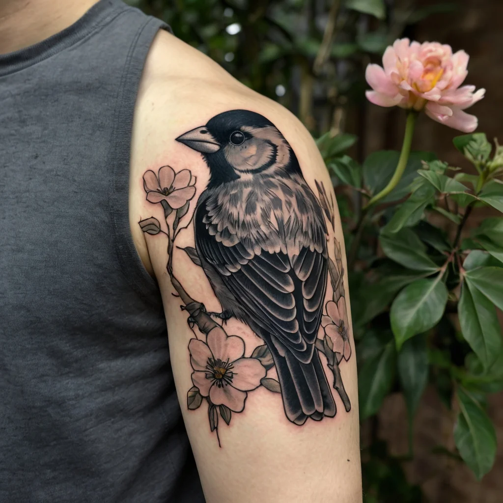 Tattoo of a detailed bird perched on a branch surrounded by flowers, in black and gray ink on the upper arm.