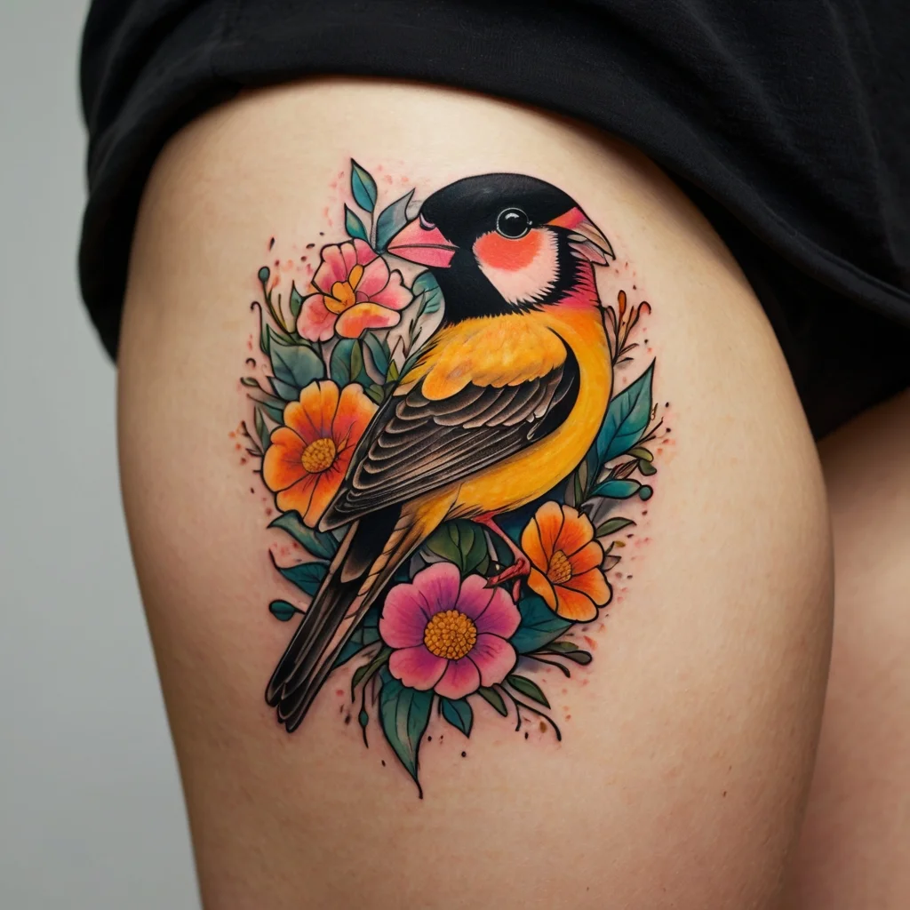 Colorful bird tattoo with vibrant yellow and black feathers, perched amid bright pink and orange flowers and green leaves.