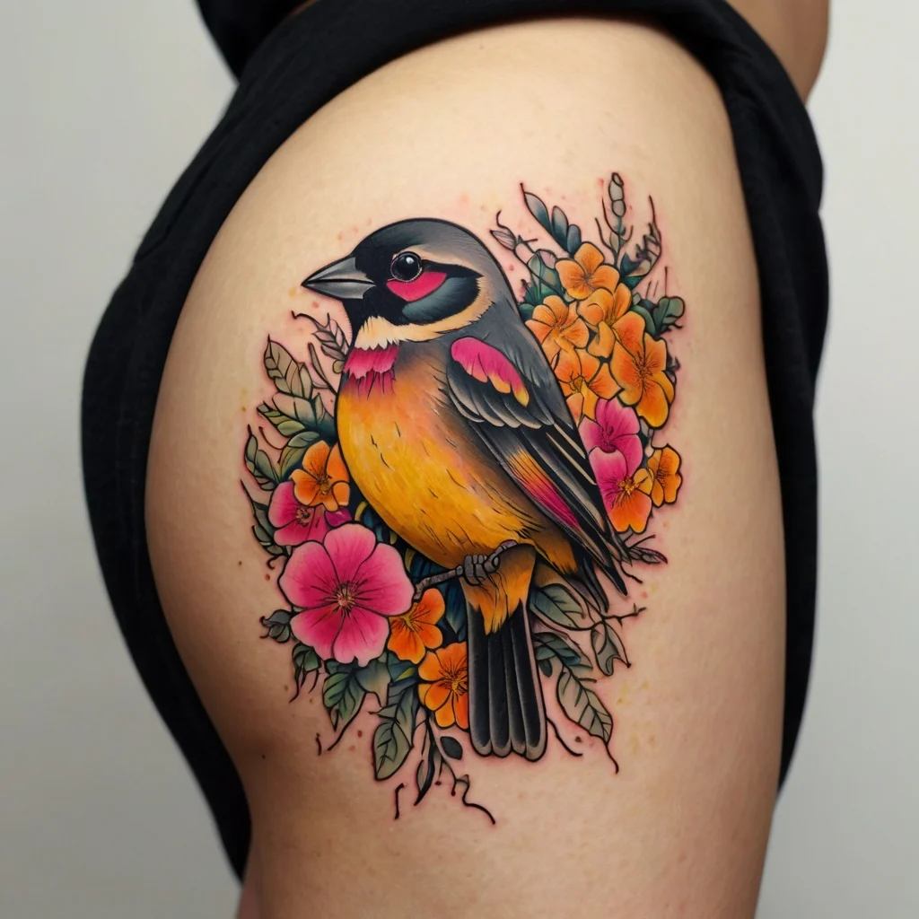 Vibrant tattoo of a colorful bird perched among orange and pink flowers, with intricate detailing and bold outlines.