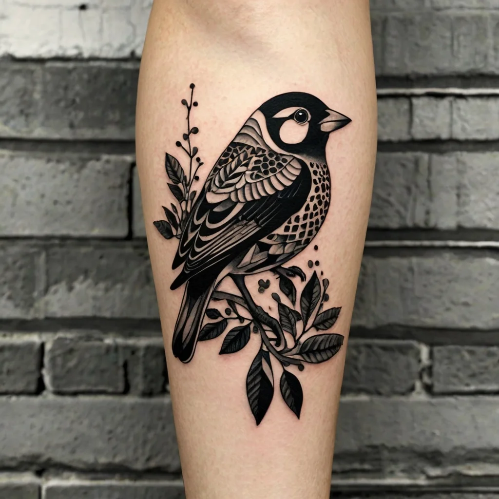 Black and grey tattoo of a stylized bird with detailed patterns perched on leafy branches.