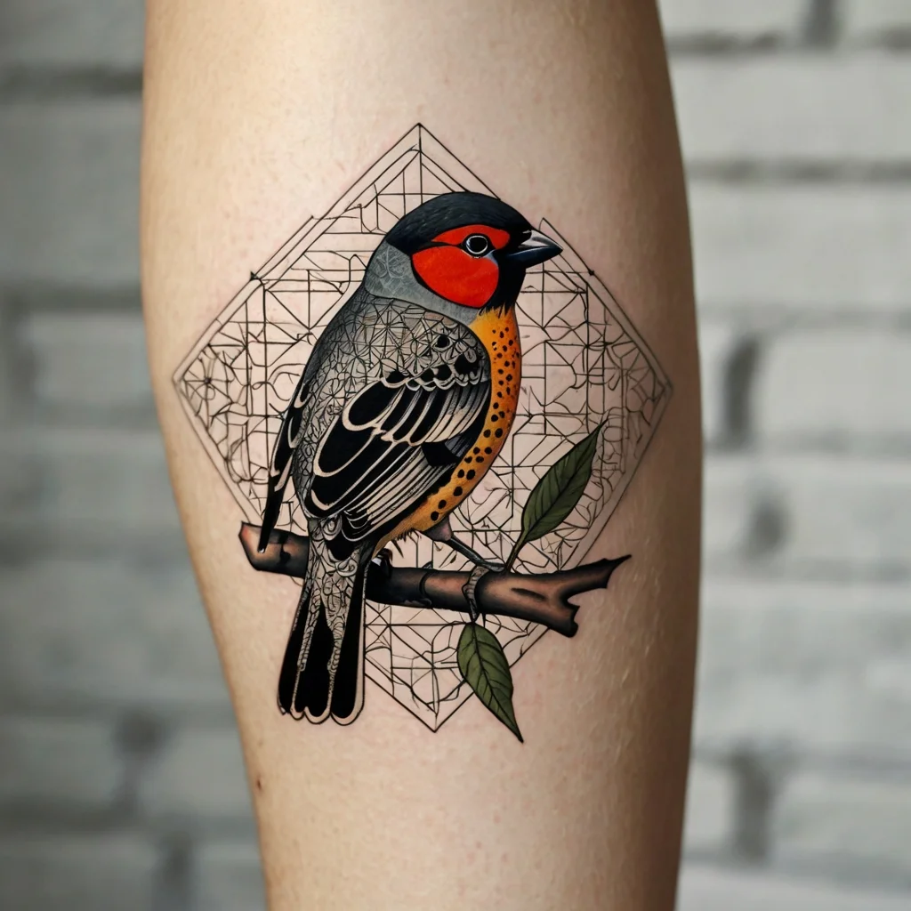 A colorful bird with geometric patterns, perched on a branch, framed by an abstract diamond design with leaves.