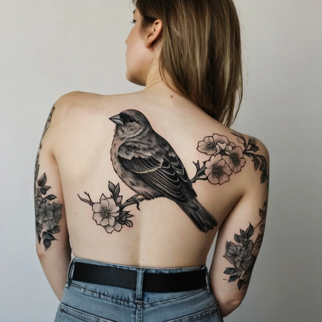 A detailed, realistic bird tattoo on the woman's back, perched among blossoms, extending onto her arms.