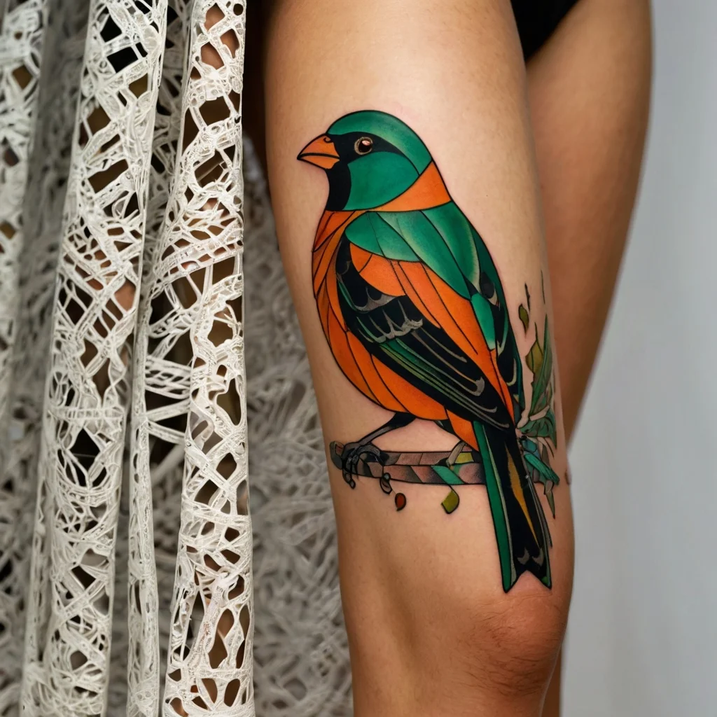 Colorful bird tattoo with vibrant orange and green plumage, perched on a branch with leaves on the thigh.