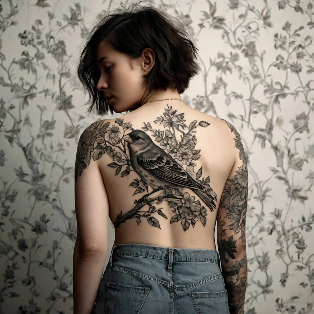 Detailed back tattoo of a bird on a branch with flowers, extending to the arm, in grayscale.