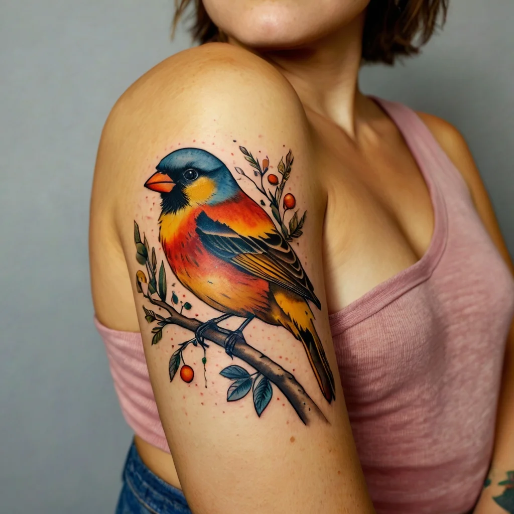 Vibrant bird tattoo on arm, features orange and yellow plumage, perched on a branch with leaves and berries.