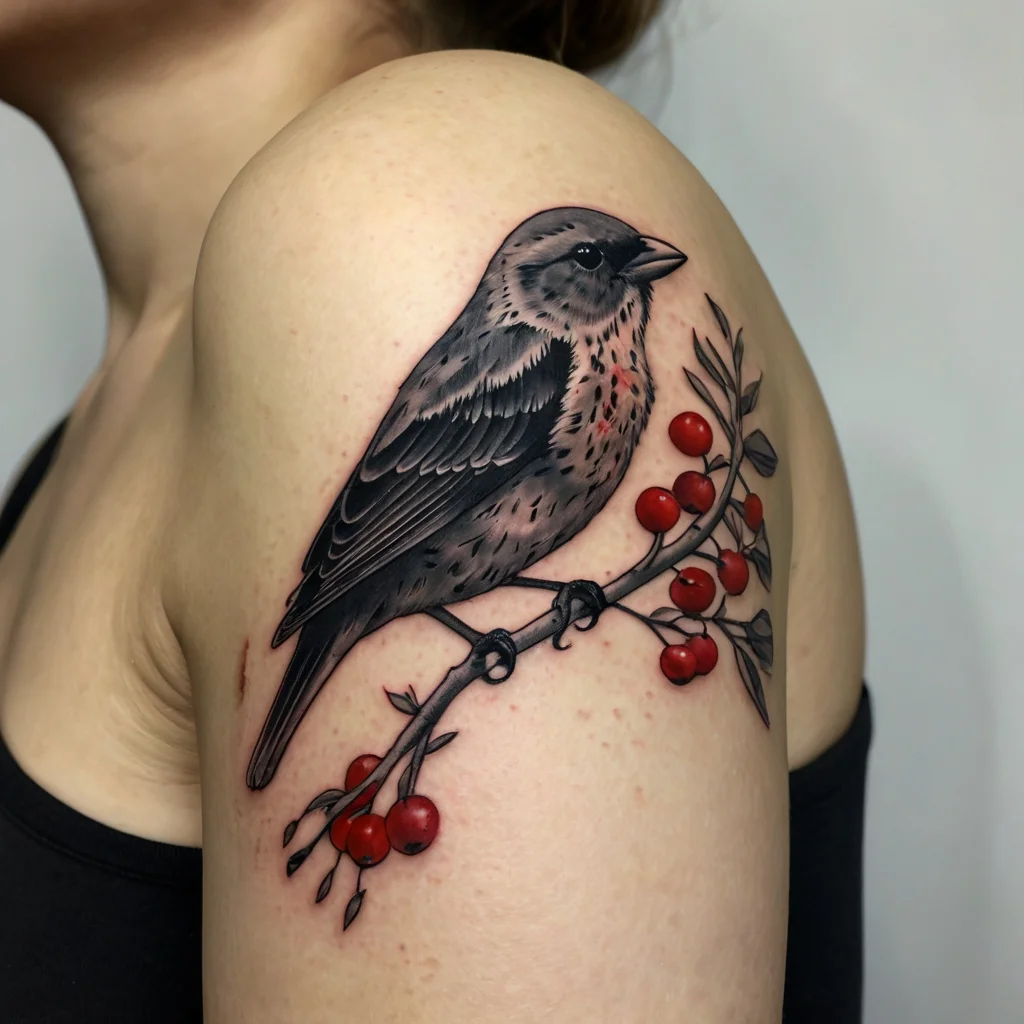 Realistic bird perched on branch with red berries, shaded in black and grey, tattooed on the upper arm.