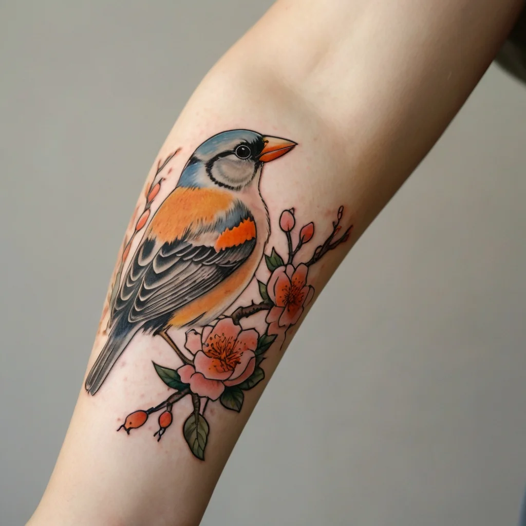 Tattoo of a colorful bird perched on a blossoming branch, blending vibrant oranges and blues with delicate pink flowers.