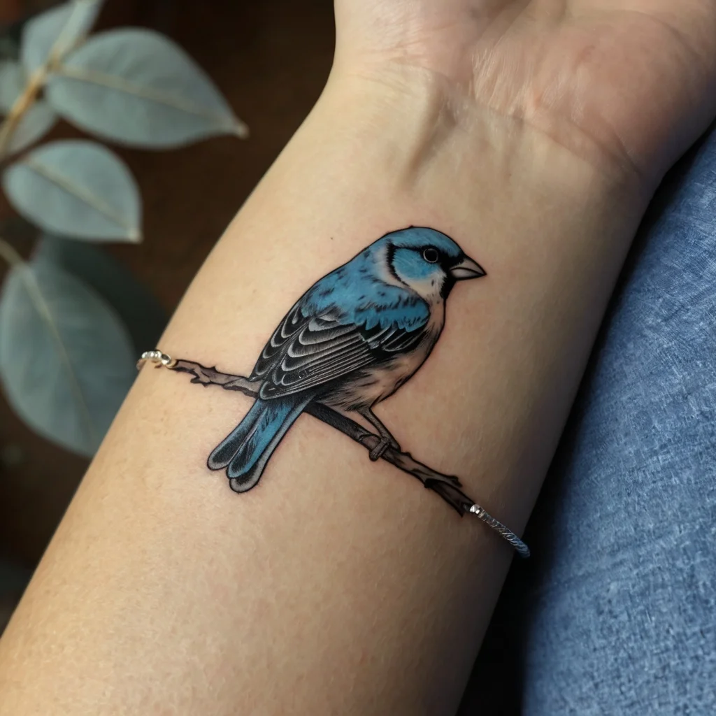 Tattoo of a blue bird perched on a branch, with detailed feathers and realistic shading on forearm.