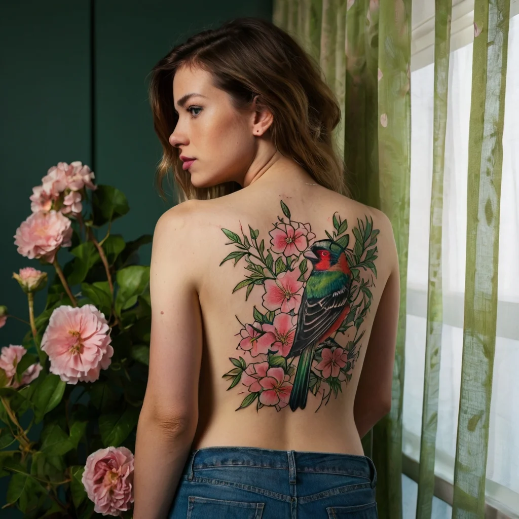 A vibrant bird tattoo adorns her back, surrounded by pink flowers and green leaves, symbolizing harmony and beauty.