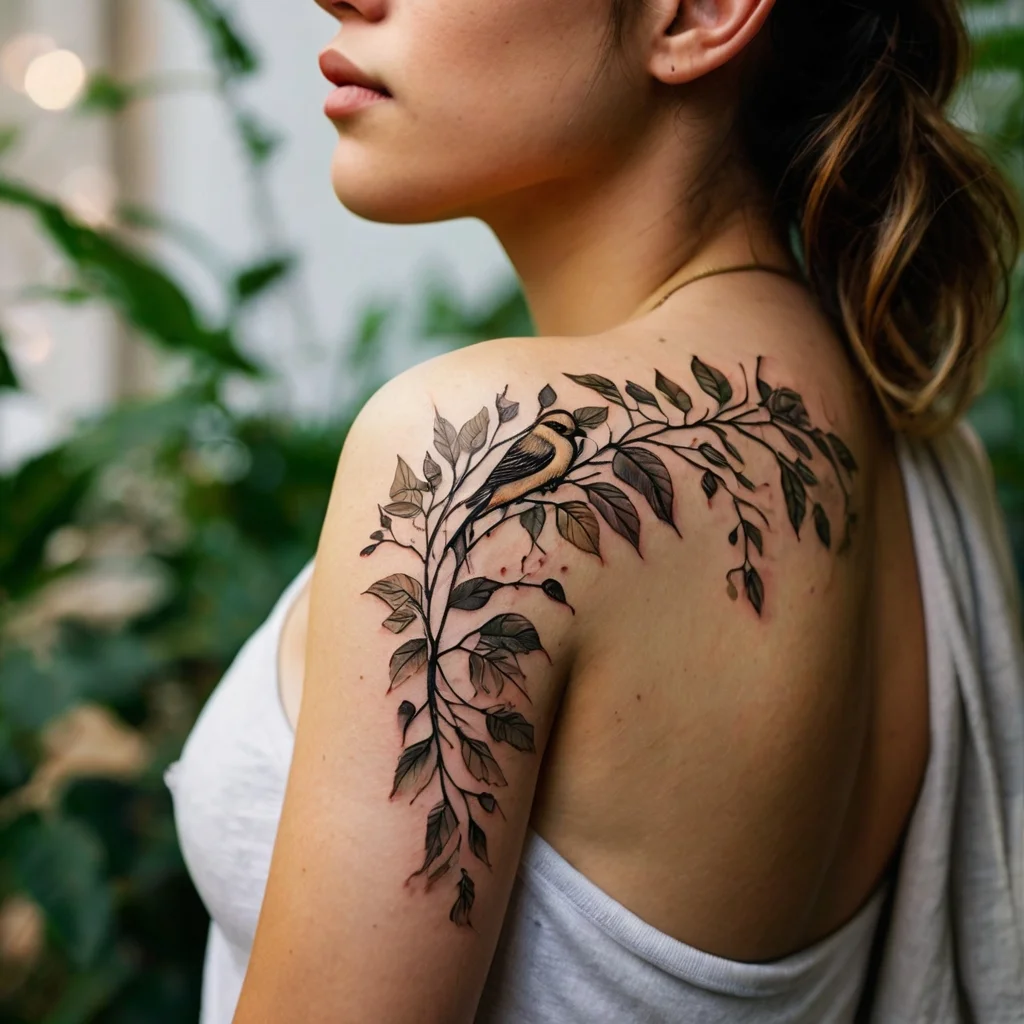 A delicate shoulder tattoo of a bird perched on a branch, surrounded by detailed leaves in earthy tones.