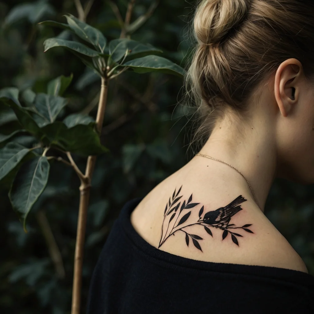 Tattoo of a black bird perched on a branch with delicate leaves on a woman's upper back, showcasing elegance and nature.