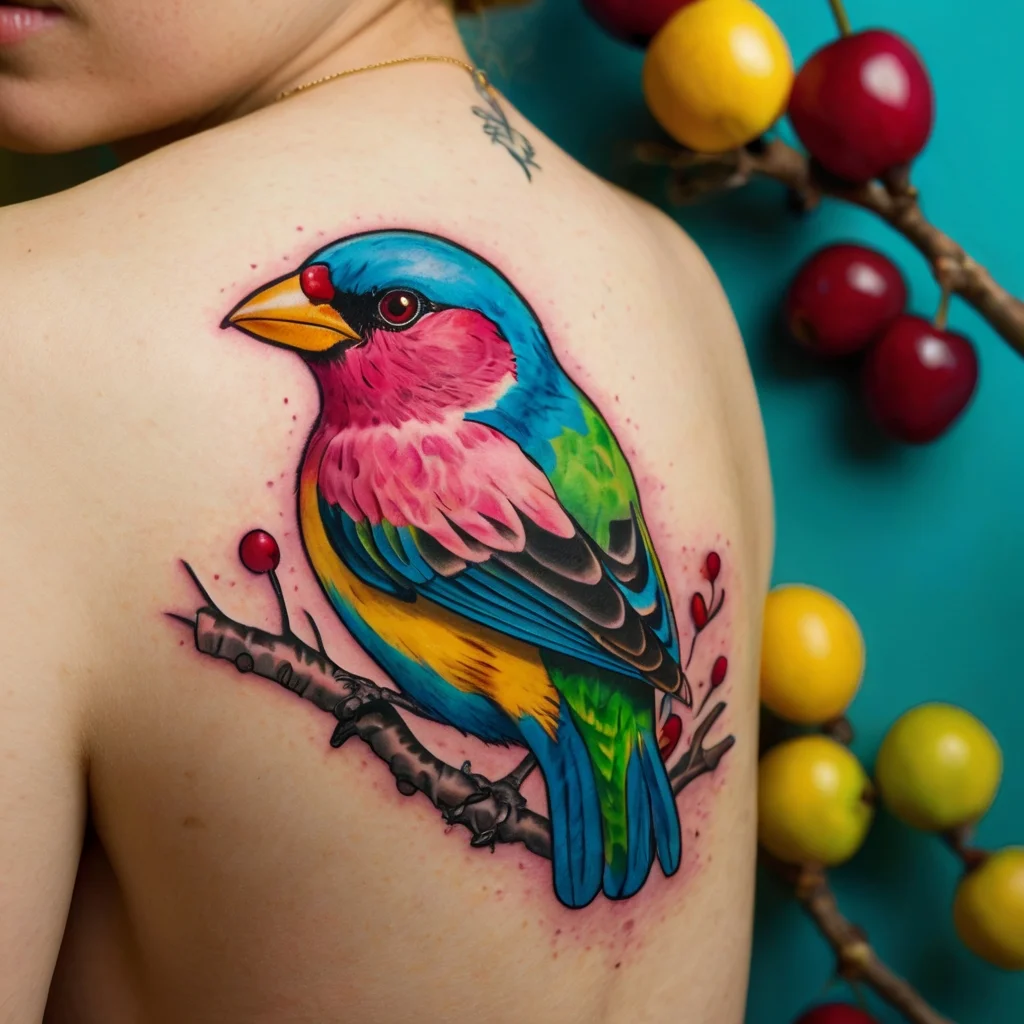 Colorful bird tattoo on back with vibrant pink, blue, and green plumage, sitting on a branch with red berries.