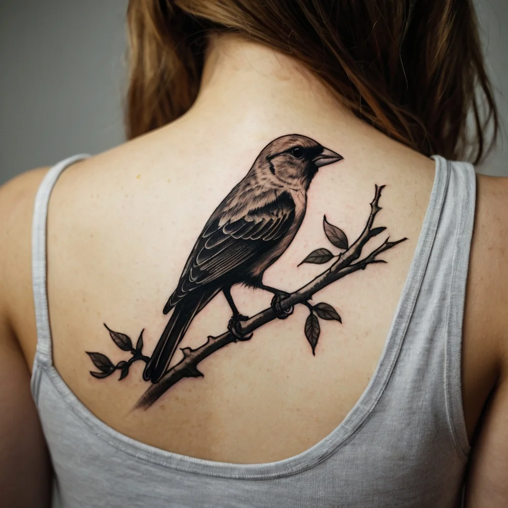 Realistic bird tattoo on the upper back, perched on a branch, featuring detailed shading and foliage elements.