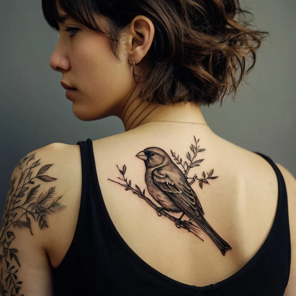 Realistic bird tattoo on upper back, perched on branches. Detailed feathers and leaves create a serene, natural look.