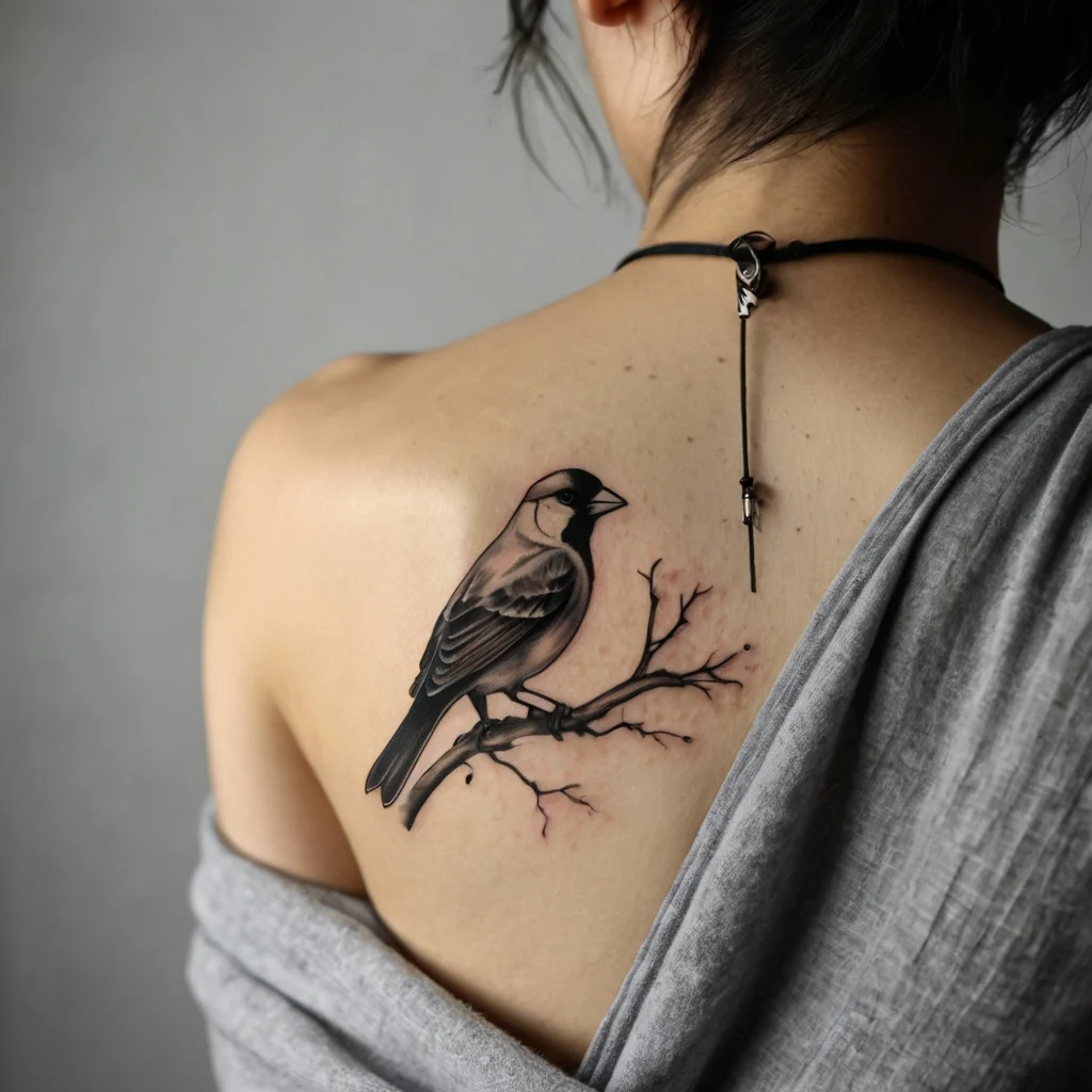 Tattoo of a detailed bird perched on a branch back shoulder, showcasing intricate shading and realistic features.