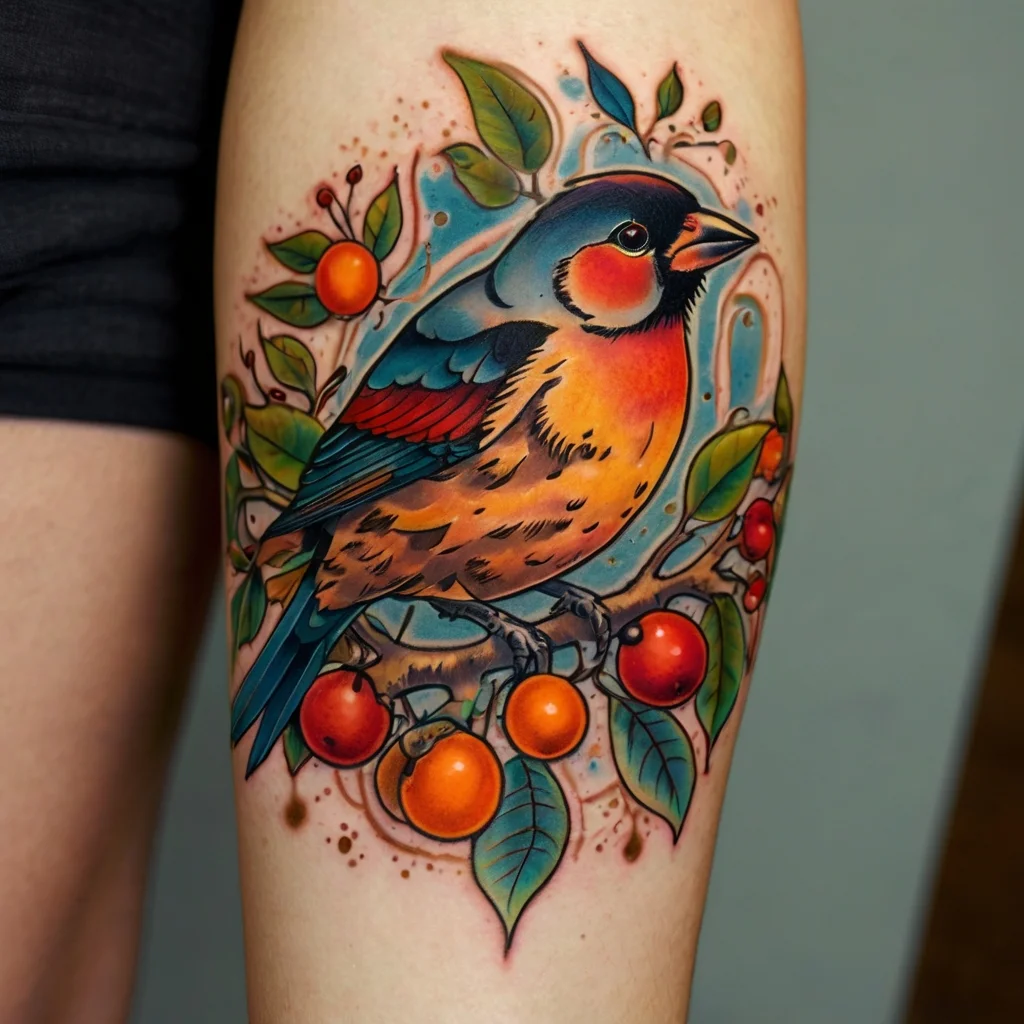 Colorful bird tattoo with vibrant blues, reds, and oranges perched on a branch, adorned with leaves and bright berries.