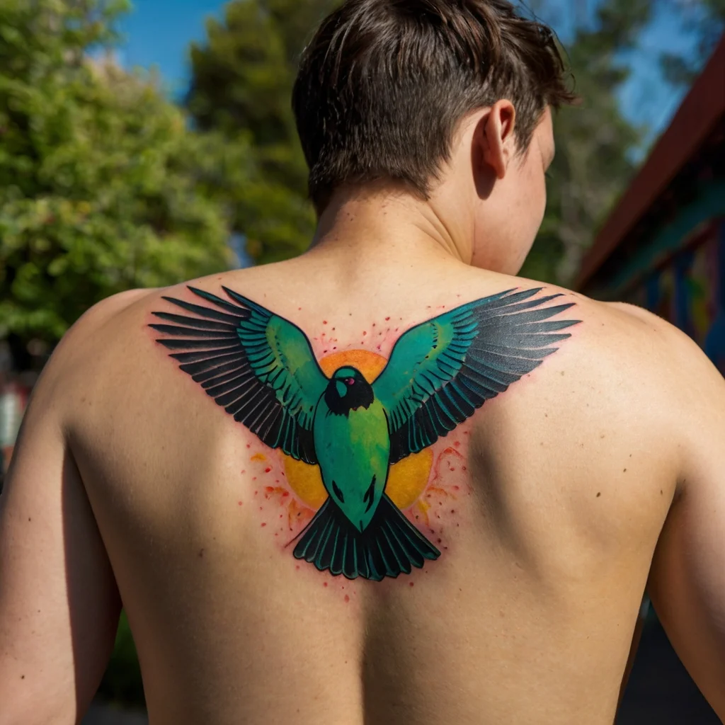 Vivid green bird with outstretched wings against an orange sun on the back, symbolizing freedom and vitality.