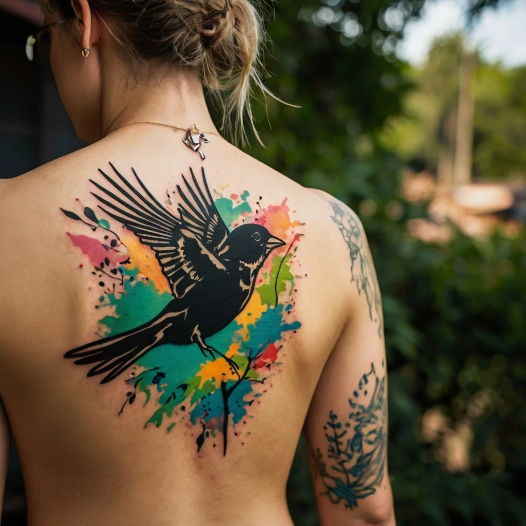 A vibrant tattoo of a blackbird in flight with colorful splashes of red, yellow, green, and blue on the back.