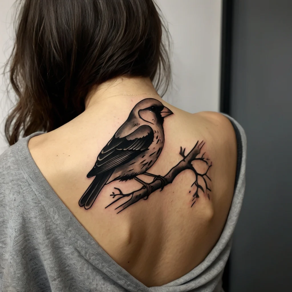 Tattoo of a detailed black and gray bird perched on a branch, positioned on the upper back.