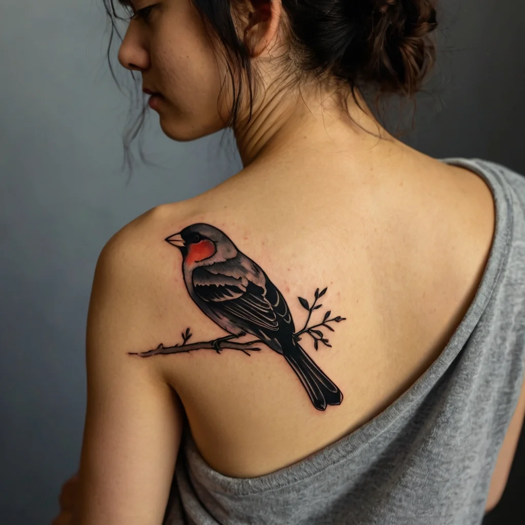 Tattoo of a detailed bird with gray and red accents perched on a branch, elegantly placed on the upper back.