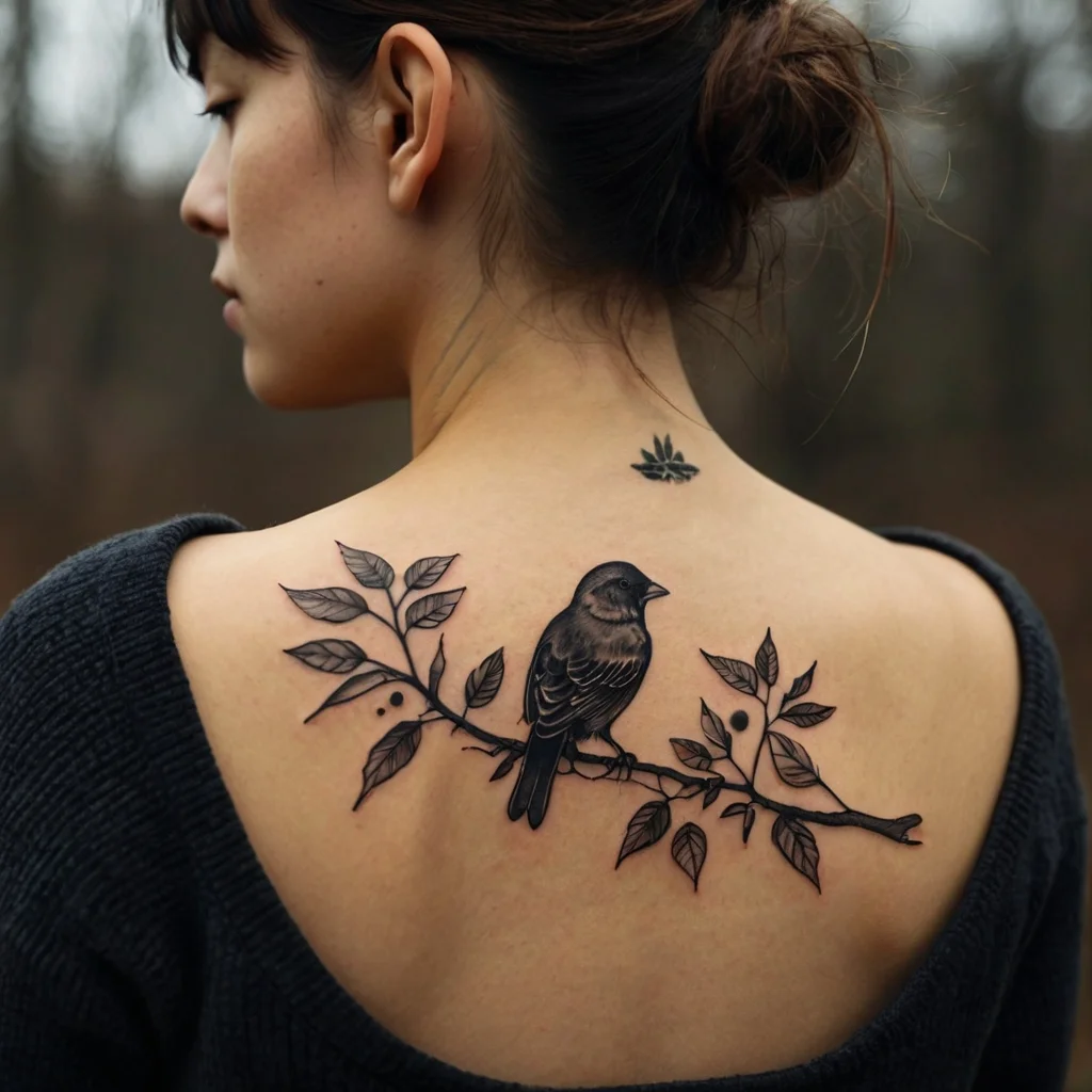 A detailed black and gray tattoo of a bird on a branch with leaves, adorning the upper back.