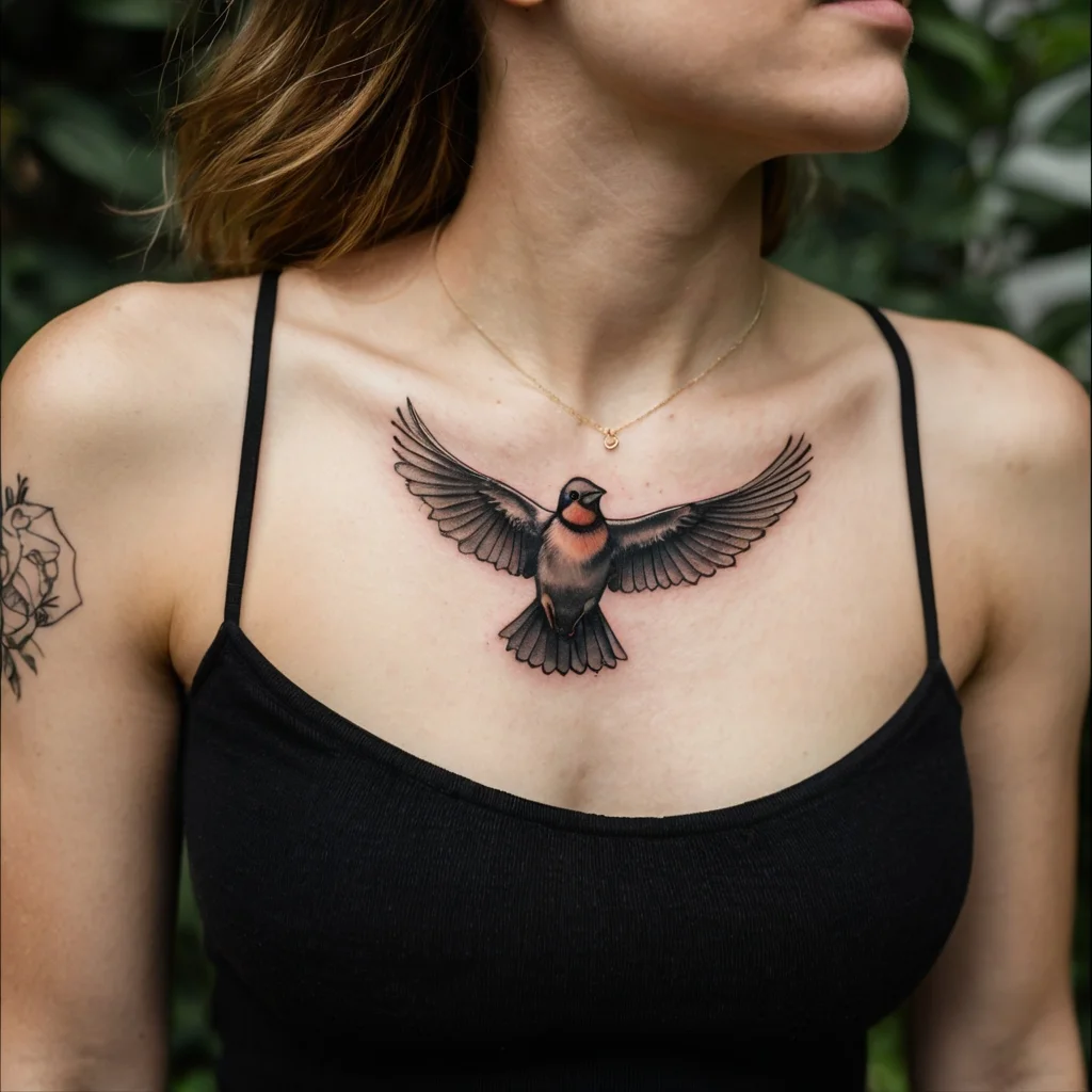 Chest tattoo of a bird with outstretched wings, detailed shading, black and gray tones, symbolizing freedom and strength.