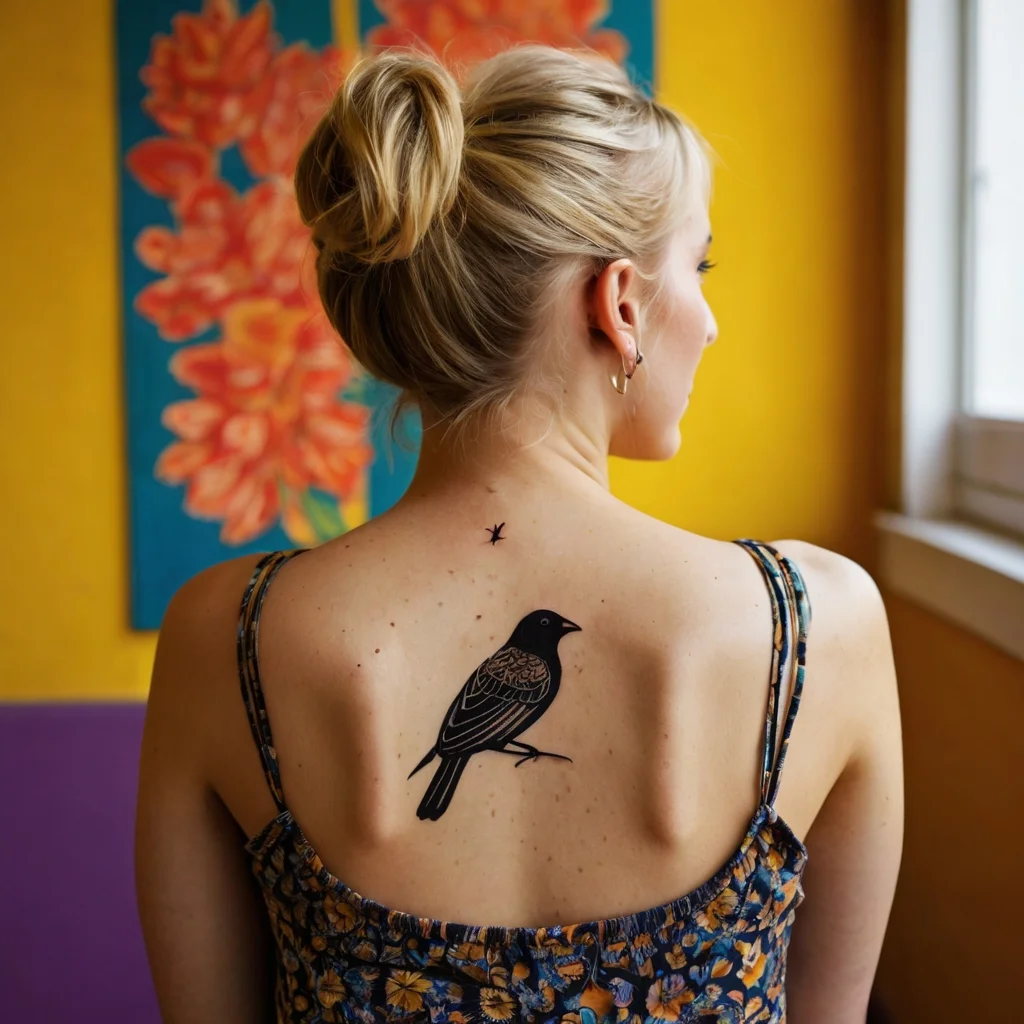 Black bird tattoo on upper back with detailed wings; tiny star above.