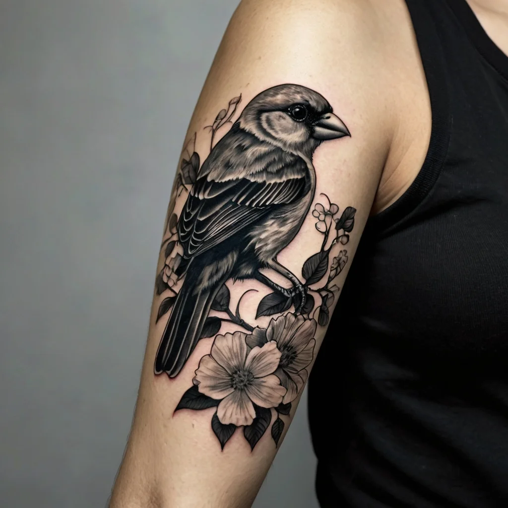 Black and grey sparrow tattoo perched on floral branches, detailed shading enhances texture on upper arm.