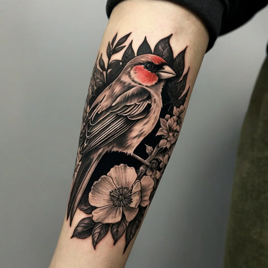 Elegant tattoo of a bird perched on a branch, with intricate black and gray shading, vibrant red accents, and floral details.