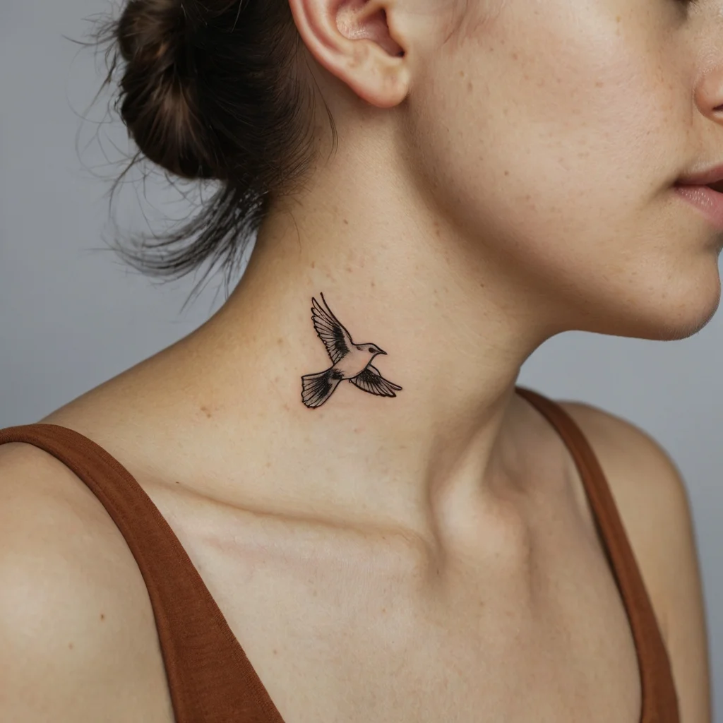 Minimalist blackbird tattoo on the neck, symbolizing freedom, with bold lines and open wings in a realistic style.