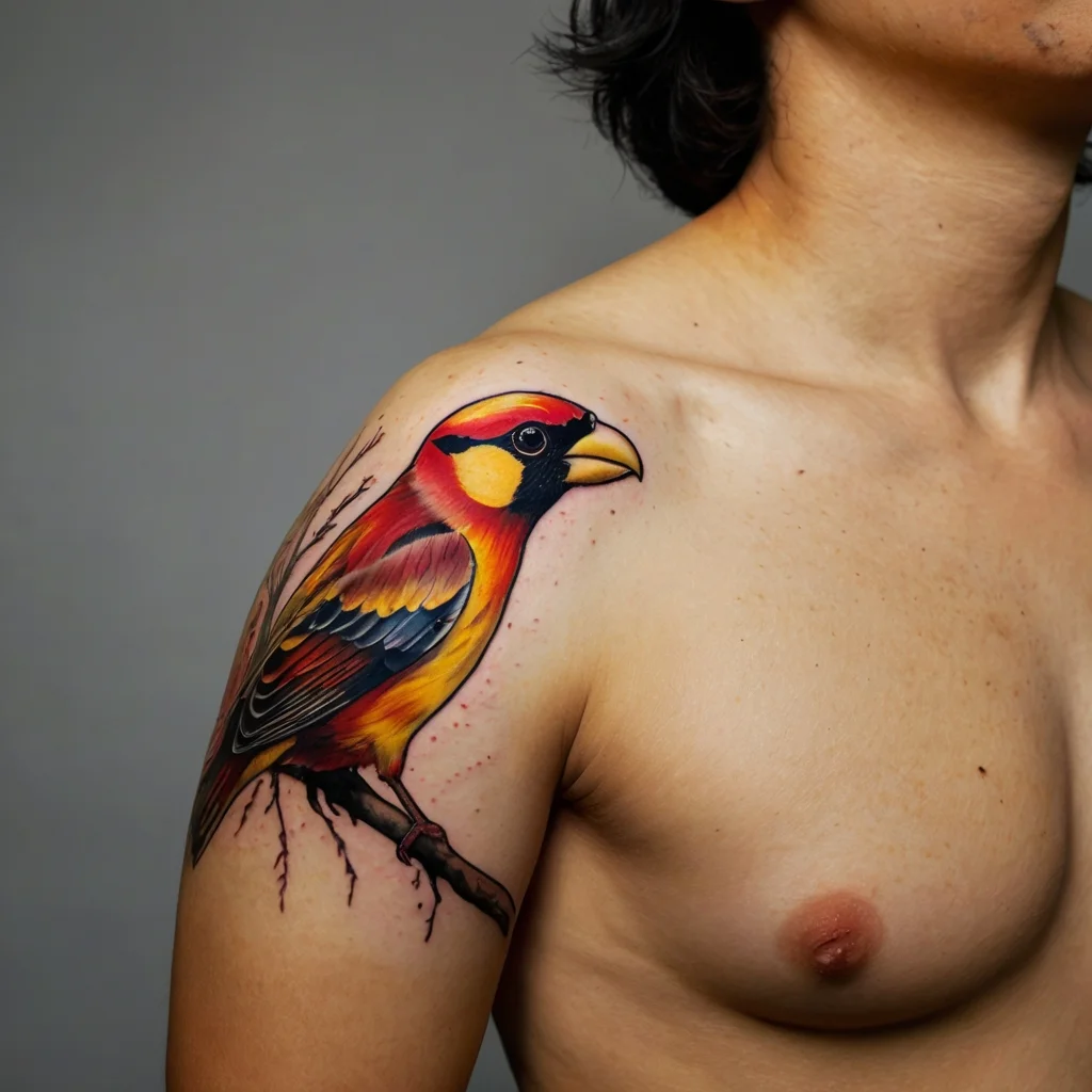 Vivid finch tattoo on shoulder, featuring bold red, yellow, and black hues, perched on a branch, showcasing intricate detail.