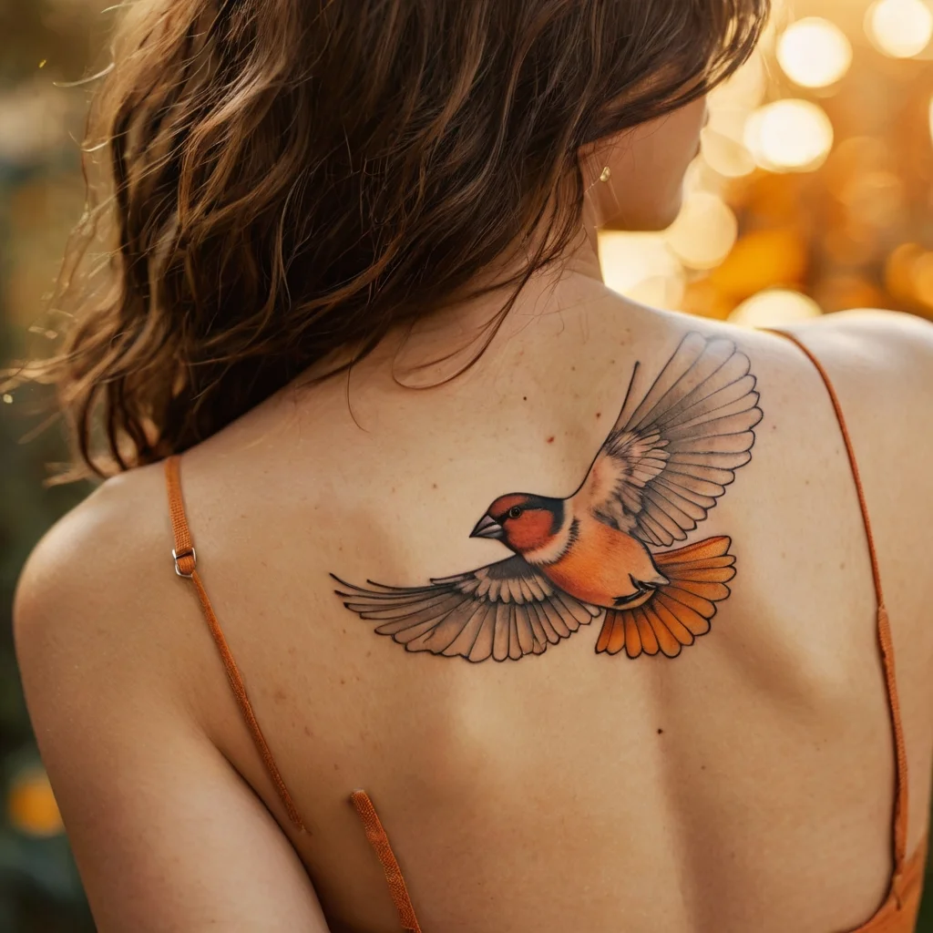 Detailed flying bird tattoo in orange and black hues, wings spread wide, elegantly placed on the upper back.