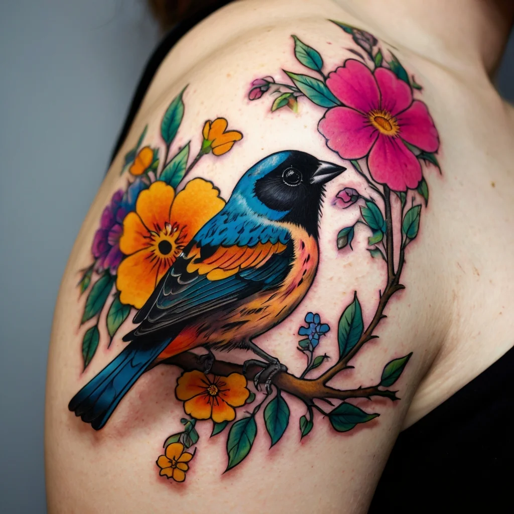 Colorful tattoo of a bird perched on a branch adorned with vibrant flowers in shades of pink, orange, and blue.