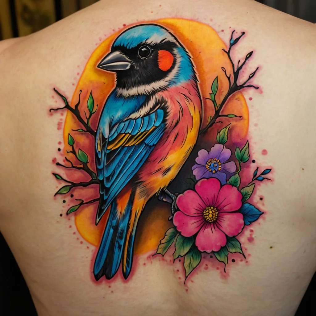 Colorful bird tattoo with vibrant blue, pink, and yellow hues, perched on branches with pink and purple flowers.