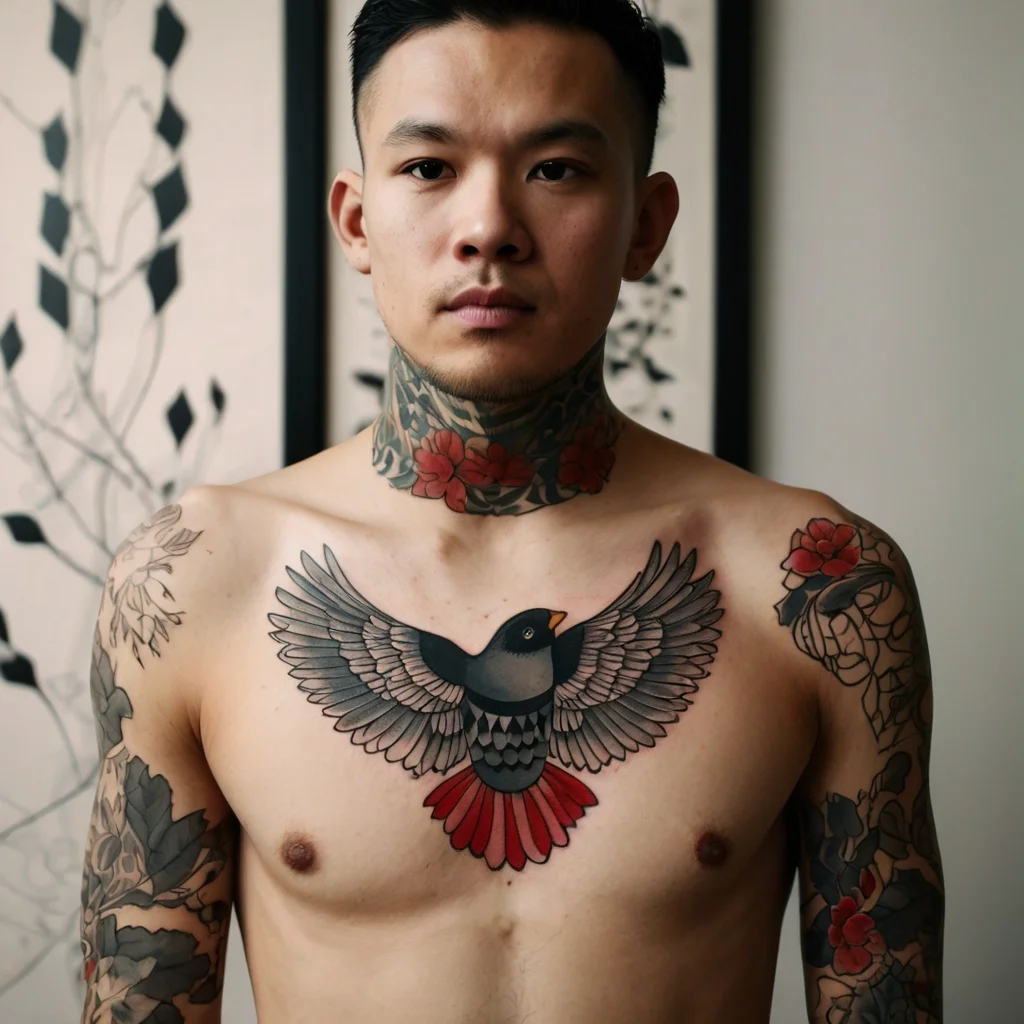 Chest tattoo of a black bird with outstretched wings, vivid red tail feathers, and floral designs on neck and arms.