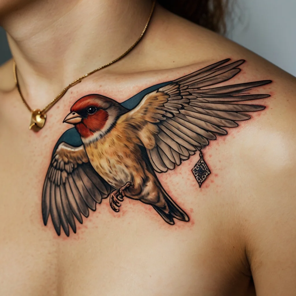 Realistic tattoo of a goldfinch with outstretched wings on the shoulder. Rich colors enhance the three-dimensional effect.