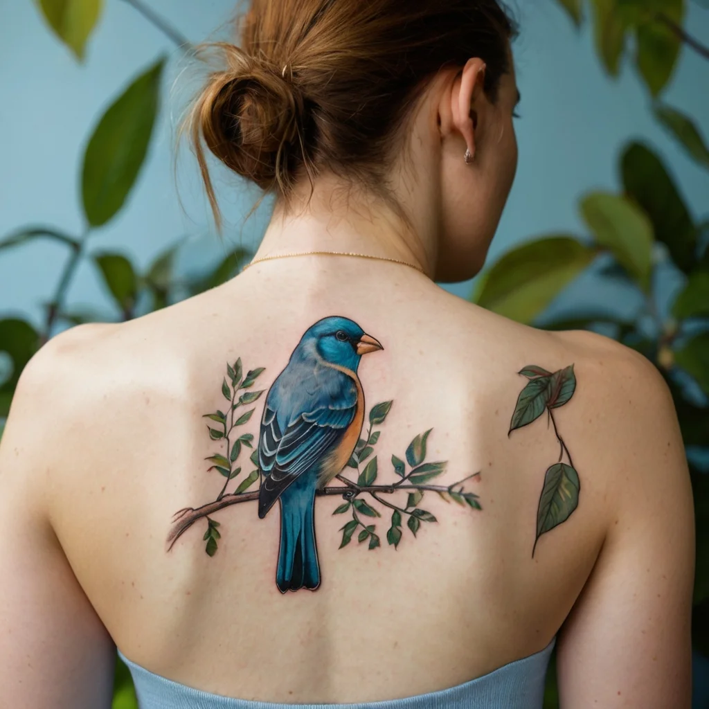 Tattoo of a vibrant blue bird perched on a branch with detailed green leaves on a woman's upper back.