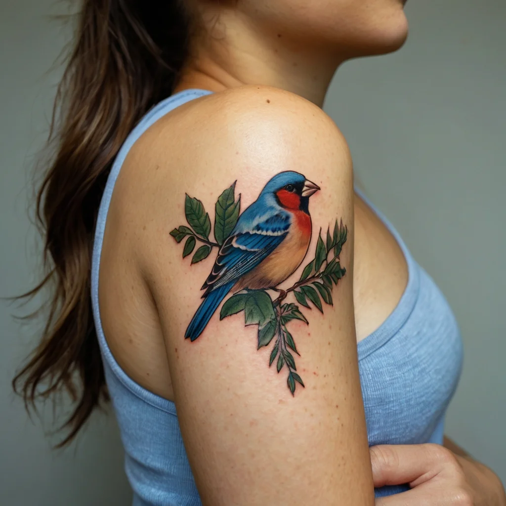 A vivid tattoo of a blue and red bird perched on green leaves, placed on the upper arm for a naturalistic look.