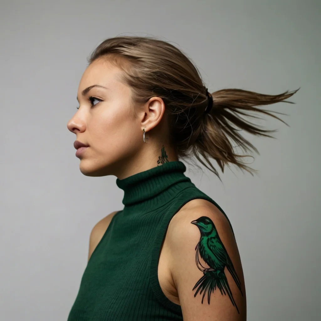 A vibrant green bird tattoo on the shoulder, featuring intricate feathers and a subtle floral detail on the neck.