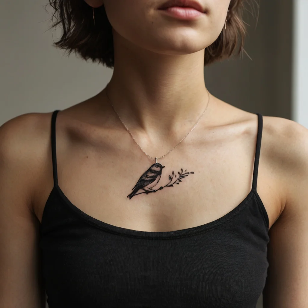 Chest tattoo of a detailed bird perched on a branch, with subtle shading and delicate line work.