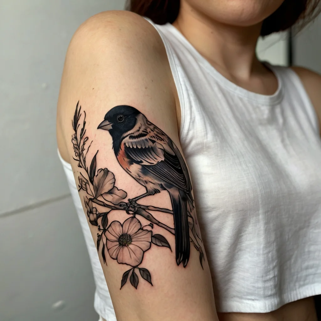 A realistic black and colored sparrow perched on a branch with detailed flowers and leaves, adorning the upper arm.