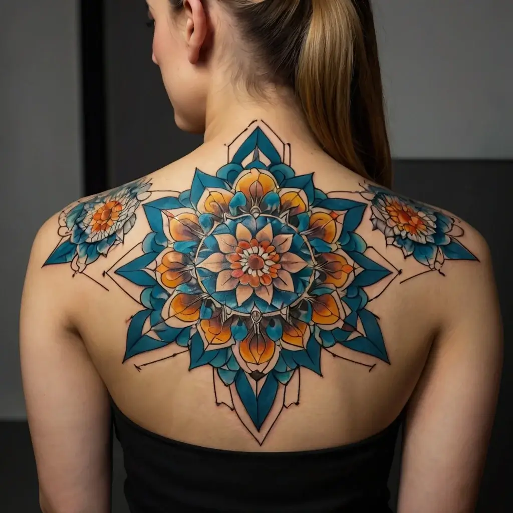 Mandala tattoo with intricate geometric patterns in blue and orange hues, covering upper back and shoulders.